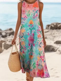 Women's Maxi Dress A Line Dress Off The Shoulder Dress Vacation Casual Boho Going out Standard Fit Floral Graphic Sleeveless U Neck Light Yellow Blue Summer Spring