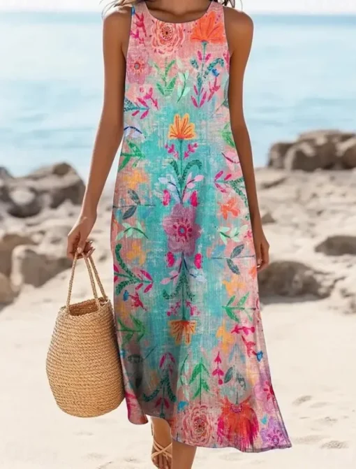 Women's Maxi Dress A Line Dress Off The Shoulder Dress Vacation Casual Boho Going out Standard Fit Floral Graphic Sleeveless U Neck Light Yellow Blue Summer Spring