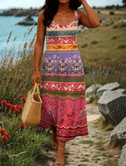 Women's Maxi Dress A Line Dress Off The Shoulder Dress Vacation Casual Boho Party Going out Beach Standard Fit Graphic Tribal Sleeveless Square Neck Black White Red Blue Summer Spring