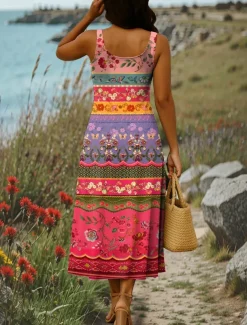 Women's Maxi Dress A Line Dress Off The Shoulder Dress Vacation Casual Boho Party Going out Beach Standard Fit Graphic Tribal Sleeveless Square Neck Black White Red Blue Summer Spring