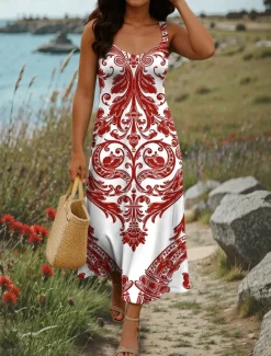 Women's Maxi Dress A Line Dress Summer Dress Off The Shoulder Dress Vacation Casual Party Date Regular Fit Graphic Tribal Sleeveless Square Neck Red Blue Green Summer Spring