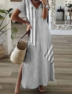 Women's Maxi Dress A Line Dress Summer Dress Vacation Casual Daily Regular Fit Graphic Striped Short Sleeve V Neck Pink Blue Gray Summer