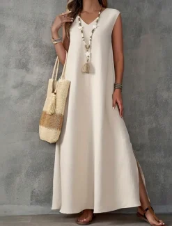 Women's Maxi Dress A Line Dress Summer Dress Casual Daily Regular Fit Plain Sleeveless V Neck Black White Light Purple Green Summer