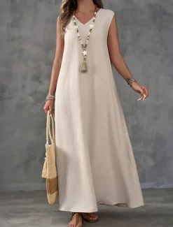 Women's Maxi Dress A Line Dress Summer Dress Casual Daily Regular Fit Plain Sleeveless V Neck Black White Light Purple Green Summer