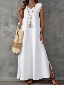 Women's Maxi Dress A Line Dress Summer Dress Casual Daily Regular Fit Plain Sleeveless V Neck Black White Light Purple Green Summer