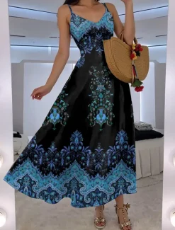Women's Maxi Dress A Line Dress Slip Dress Vacation Casual Boho Going out Beach Regular Fit Floral Graphic Paisley Sleeveless V Neck Black Red Blue Purple Summer Spring