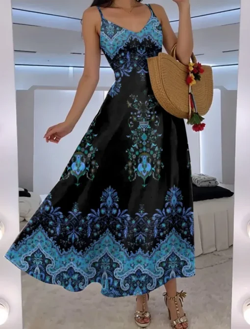 Women's Maxi Dress A Line Dress Slip Dress Vacation Casual Boho Going out Beach Regular Fit Floral Graphic Paisley Sleeveless V Neck Black Red Blue Purple Summer Spring