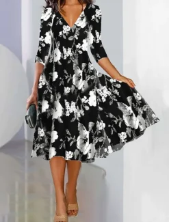 Women's Maxi Dress A Line Dress Semi Formal Office Regular Fit Floral 3/4 Length Sleeve V Neck Black Blue Purple Green Spring Fall