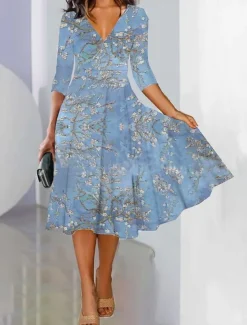 Women's Maxi Dress A Line Dress Semi Formal Office Regular Fit Floral 3/4 Length Sleeve V Neck Black Blue Purple Green Spring Fall