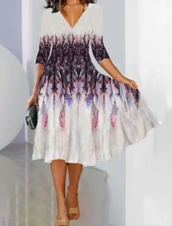 Women's Maxi Dress A Line Dress Semi Formal Office Regular Fit Floral 3/4 Length Sleeve V Neck Black Blue Purple Green Spring Fall