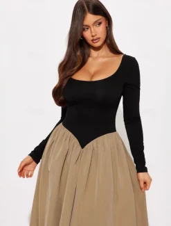 Women's Maxi Dress Backless Dress Elegant Party Birthday Vacation Party Daily Regular Fit Solid Color Long Sleeve U Neck khaki Summer Spring Fall