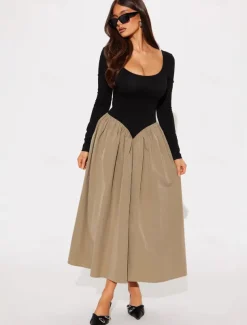 Women's Maxi Dress Backless Dress Elegant Party Birthday Vacation Party Daily Regular Fit Solid Color Long Sleeve U Neck khaki Summer Spring Fall