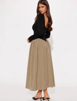 Women's Maxi Dress Backless Dress Elegant Party Birthday Vacation Party Daily Regular Fit Solid Color Long Sleeve U Neck khaki Summer Spring Fall