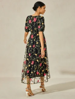 Women's Maxi Dress Black Dress A Line Dress Elegant Stylish Puff Sleeve Vacation Daily Loose Fit Floral Short Sleeve Crew Neck Black Summer