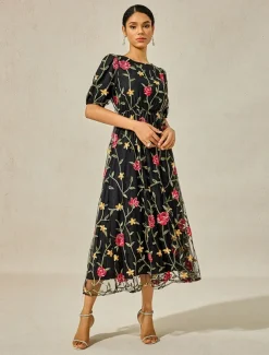 Women's Maxi Dress Black Dress A Line Dress Elegant Stylish Puff Sleeve Vacation Daily Loose Fit Floral Short Sleeve Crew Neck Black Summer