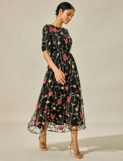 Women's Maxi Dress Black Dress A Line Dress Elegant Stylish Puff Sleeve Vacation Daily Loose Fit Floral Short Sleeve Crew Neck Black Summer