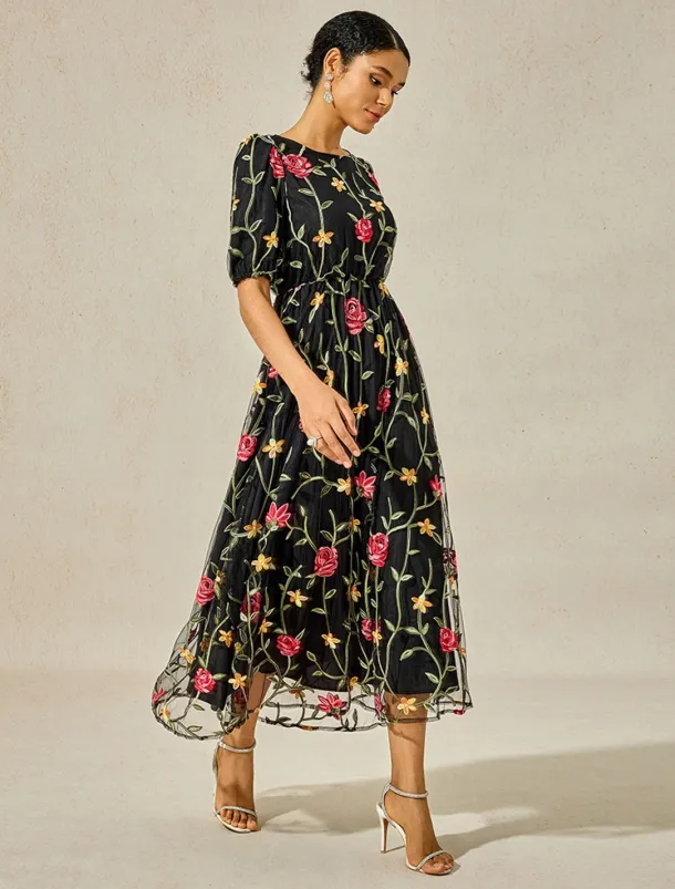 Women's Maxi Dress Black Dress A Line Dress Elegant Stylish Puff Sleeve Vacation Daily Loose Fit Floral Short Sleeve Crew Neck Black Summer