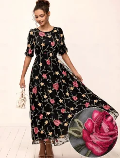 Women's Maxi Dress Black Dress A Line Dress Elegant Stylish Puff Sleeve Vacation Daily Loose Fit Floral Short Sleeve Crew Neck Black Summer