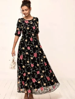 Women's Maxi Dress Black Dress A Line Dress Elegant Stylish Puff Sleeve Vacation Daily Loose Fit Floral Short Sleeve Crew Neck Black Summer