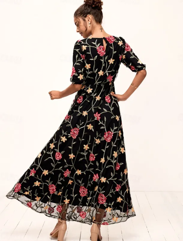 Women's Maxi Dress Black Dress A Line Dress Elegant Stylish Puff Sleeve Vacation Daily Loose Fit Floral Short Sleeve Crew Neck Black Summer