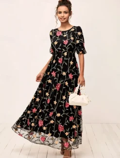 Women's Maxi Dress Black Dress A Line Dress Elegant Stylish Puff Sleeve Vacation Daily Loose Fit Floral Short Sleeve Crew Neck Black Summer