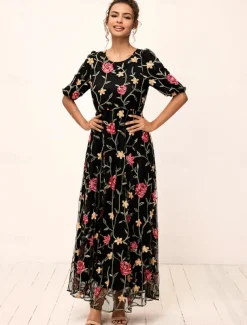 Women's Maxi Dress Black Dress A Line Dress Elegant Stylish Puff Sleeve Vacation Daily Loose Fit Floral Short Sleeve Crew Neck Black Summer