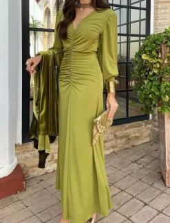 Women's Maxi Dress Bodycon Emerald Green Dress Elegant Wedding Guest Date Regular Fit Plain Long Sleeve V Neck Green Summer Spring