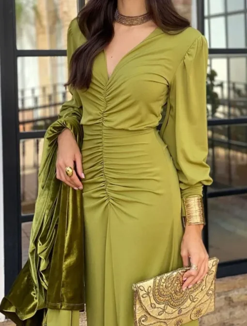 Women's Maxi Dress Bodycon Emerald Green Dress Elegant Wedding Guest Date Regular Fit Plain Long Sleeve V Neck Green Summer Spring