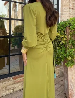 Women's Maxi Dress Bodycon Emerald Green Dress Elegant Wedding Guest Date Regular Fit Plain Long Sleeve V Neck Green Summer Spring