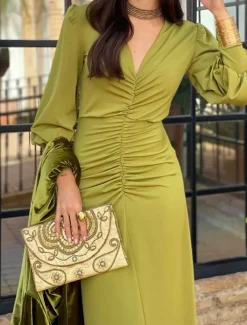 Women's Maxi Dress Bodycon Emerald Green Dress Elegant Wedding Guest Date Regular Fit Plain Long Sleeve V Neck Green Summer Spring