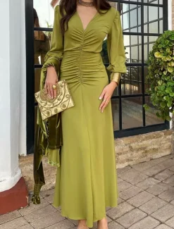 Women's Maxi Dress Bodycon Emerald Green Dress Elegant Wedding Guest Date Regular Fit Plain Long Sleeve V Neck Green Summer Spring
