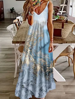 Women's Maxi Dress Casual Dress Sundress Floral Dress Basic Classic Casual Vacation Casual Daily Regular Fit Print Marble Sleeveless V Neck Khaki Light Blue Summer Spring