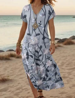 Women's Maxi Dress Casual Dress A Line Dress Stylish Casual Vacation Daily Regular Fit Floral Short Sleeve V Neck White Light Green Blue Green Summer Spring