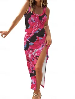 Women's Maxi Dress Casual Dress Bodycon Tank Dress Slip Dress Stylish Casual Vacation Daily Regular Fit Floral Sleeveless U Neck Black Fuchsia Light Blue Summer