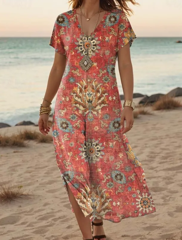 Women's Maxi Dress Casual Dress A Line Dress Stylish Casual Vacation Daily Regular Fit Floral Short Sleeve V Neck White Orange Green Gray Summer Spring