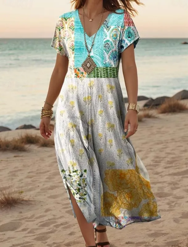 Women's Maxi Dress Casual Dress A Line Dress Stylish Casual Vacation Daily Regular Fit Floral Short Sleeve V Neck White Orange Green Gray Summer Spring