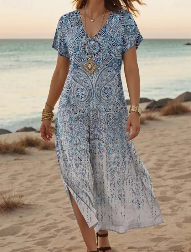 Women's Maxi Dress Casual Dress A Line Dress Stylish Casual Vacation Daily Regular Fit Floral Short Sleeve V Neck White Orange Green Gray Summer Spring