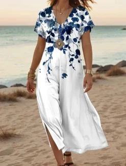 Women's Maxi Dress Casual Dress A Line Dress Stylish Casual Vacation Daily Regular Fit Floral Short Sleeve V Neck White Orange Green Gray Summer Spring