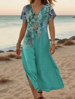 Women's Maxi Dress Casual Dress A Line Dress Stylish Casual Vacation Daily Regular Fit Floral Short Sleeve V Neck White Orange Green Gray Summer Spring