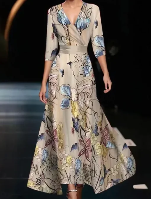 Women's Maxi Dress Casual Dress Swing Dress A Line Dress Casual Daily Regular Fit Floral 3/4 Length Sleeve V Neck White Champagne Red Spring Fall