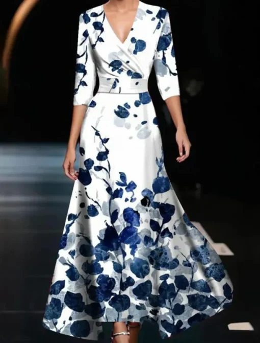 Women's Maxi Dress Casual Dress Swing Dress A Line Dress Casual Daily Regular Fit Floral 3/4 Length Sleeve V Neck White Champagne Red Spring Fall