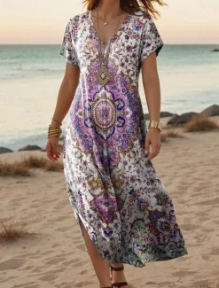 Women's Maxi Dress Casual Dress A Line Dress Stylish Casual Vacation Daily Regular Fit Floral Short Sleeve V Neck Light Pink Light Purple Purple Beige Spring Fall