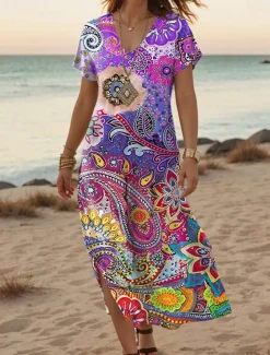 Women's Maxi Dress Casual Dress A Line Dress Stylish Casual Vacation Daily Regular Fit Floral Short Sleeve V Neck Light Pink Light Purple Purple Beige Spring Fall