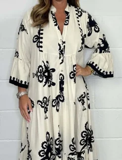 Women's Maxi Dress Casual Dress Boho Chic Dresses Boho Dress Bohemia Stylish Casual Vacation Daily Beach Loose Fit Graphic 3/4 Length Sleeve V Neck Black Red Green Beige Summer Spring