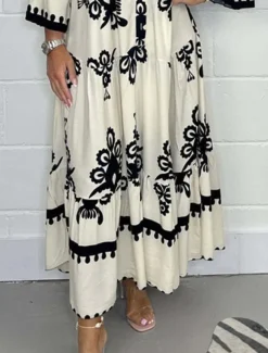Women's Maxi Dress Casual Dress Boho Chic Dresses Boho Dress Bohemia Stylish Casual Vacation Daily Beach Loose Fit Graphic 3/4 Length Sleeve V Neck Black Red Green Beige Summer Spring