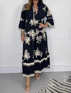 Women's Maxi Dress Casual Dress Boho Chic Dresses Boho Dress Bohemia Stylish Casual Vacation Daily Beach Loose Fit Graphic 3/4 Length Sleeve V Neck Black Red Green Beige Summer Spring