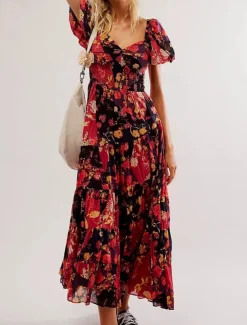 Women's Maxi Dress Casual Dress Swing Dress A Line Dress Boho Dress Bohemia Vintage Casual Vacation Daily Regular Fit Floral Short Sleeve V Neck Red Orange Beige Spring Fall