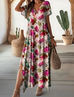 Women's Maxi Dress Casual Dress A Line Dress Stylish Casual Vacation Daily Regular Fit Floral Short Sleeve V Neck Pink Summer Spring
