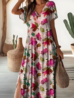 Women's Maxi Dress Casual Dress A Line Dress Stylish Casual Vacation Daily Regular Fit Floral Short Sleeve V Neck Pink Summer Spring