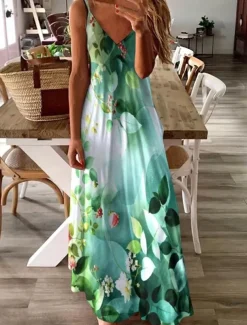 Women's Maxi Dress Casual Dress Sundress A Line Dress Bohemia Vacation Tropical Vacation Casual Daily Regular Fit Floral Graphic Butterfly Sleeveless V Neck Light Yellow Summer Spring